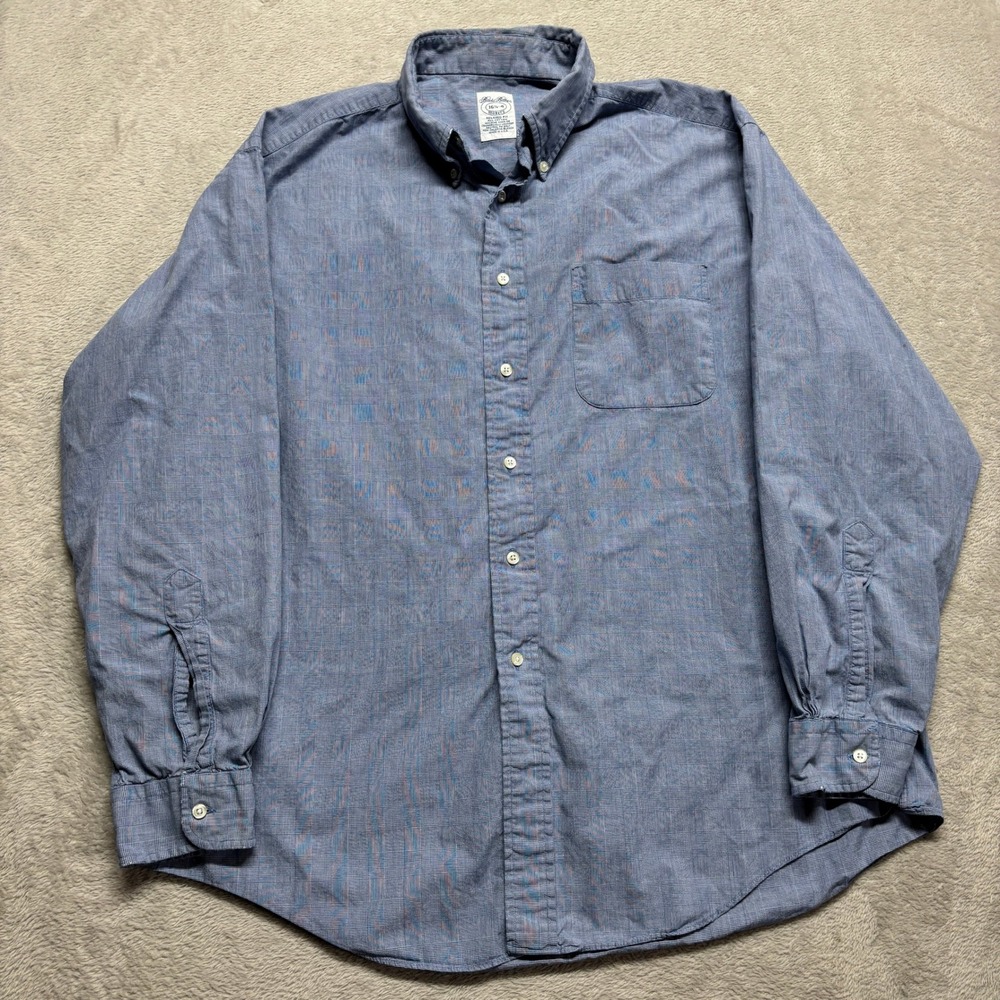 Brooks Brothers Makers Mens 16.5-4 Relaxed Fit Blue Glen Plaid Shirt USA‎ Pocket